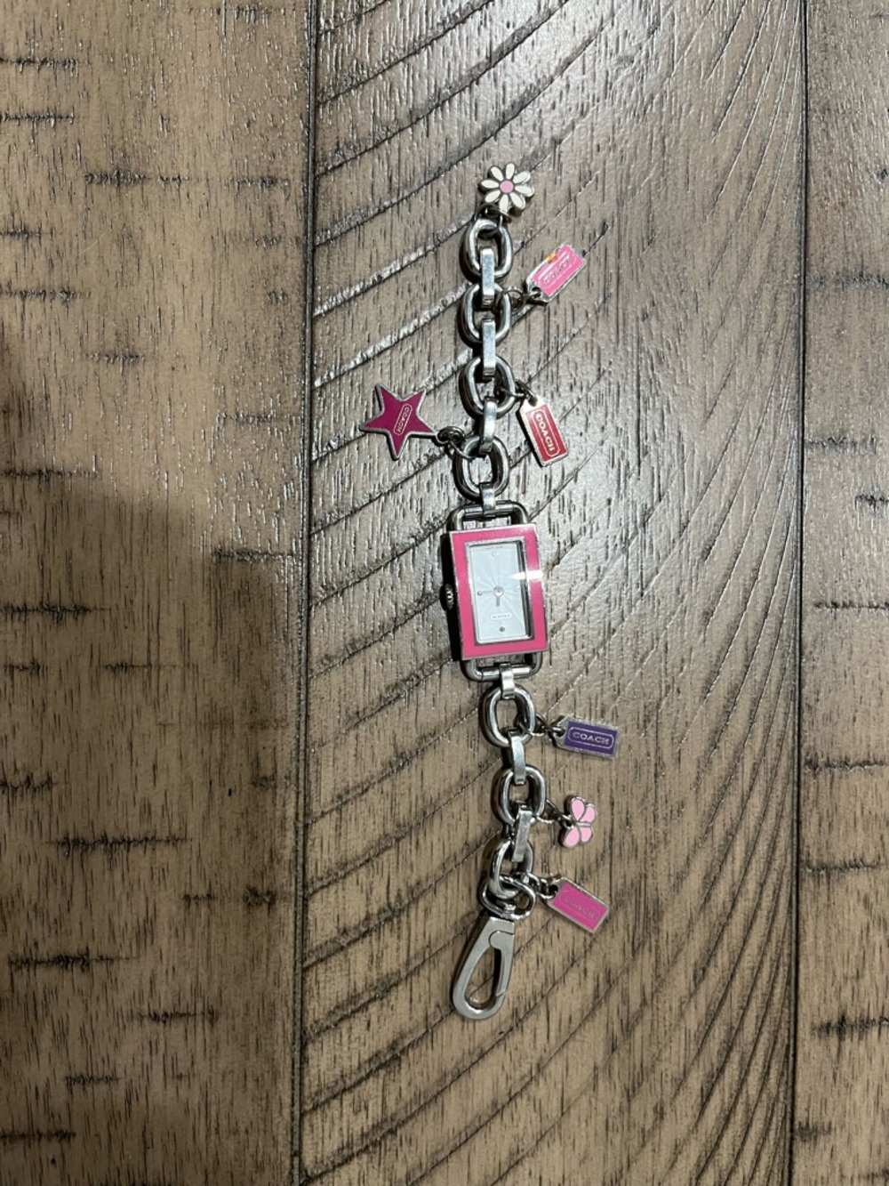 Vintage Coach Pink Enamel Charm Bracelet Watch with Silver-Tone Chain - Picture 2 of 5